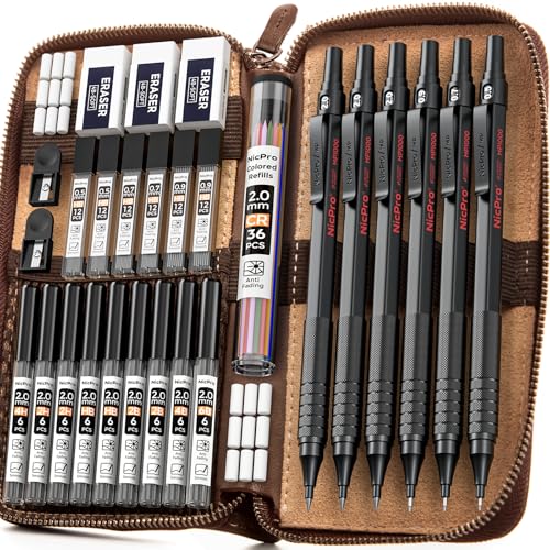 Nicpro 30PCS Black Metal Mechanical Pencil Set in Leather Case | Art Drafting Pencil 0.5-0.9 mm, 2mm Lead Pencil Holders for Sketching Drawing, 16 Tube (6B 4B 2B HB 2H 4H Colors)Lead Refills - color: Black