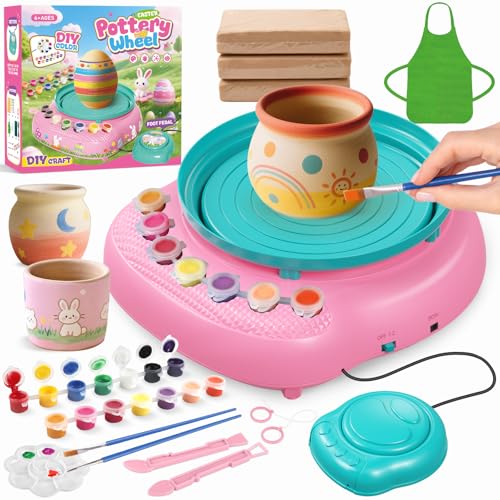 Pottery Wheel for Kids with Air Dry Clay Kit, 12 Paints & Tools, Ages 6-12 | No kiln needed: shape on the electric wheel, air-dry & paint. Gentle beginner speed; kit adds 3 clay packs, tools & apron - color: pink/cyan