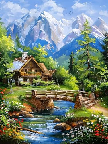 PINFFSHU Landscape Diamond Painting Kit for Adults: Rustic Wood Cabin, Wildflower Meadow, Sparkling Stream & Snowy Peaks - 5D DIY Full Round Drill Diamond Art Kits Home Wall Art Decor, 12x16 Inch - color: Green, blue, brown, white, red, yellow