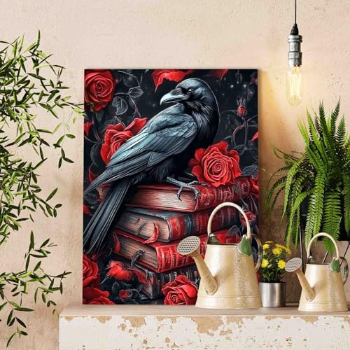Gothic Raven Red Roses Dark Books Horror Paint By Numbers For Adults Students Black Crow Fantasy Mysterious Creepy Paint By Number Kit For Horror Lovers Festival Decor 16''W X 20''H (Frameless) - color: Dark Raven-02, size: 16''x20''(Frameless)