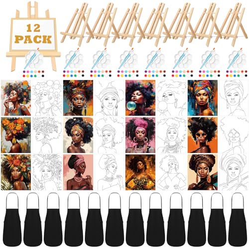 Motipuns 12 Set Afro Queen Pre Drawn Canvas for Paint for Adults | 8 x 10 Inch, Sip and Paint Party Kit, Pre Printed Framed Canvas with Easels Paints Brushes Aprons, Party Adult Art Supplies - style: Afro Queen