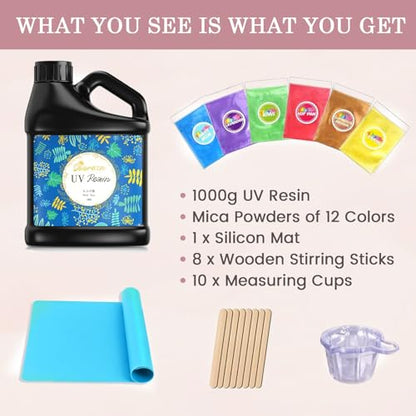Bsrezn 1000g UV Resin Kit Hard for Jewelry Making and Crafting | Clear & Hard UV Epoxy Resin Glue with Mica Powders of 6 Colors - size: 1000 g kit