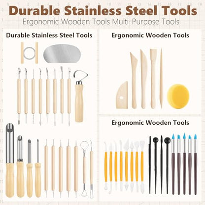 UUSYCUN 52PCS Pottery Tools for Sculpting, Ceramics Clay Tools for Pottery Kiln, Pottery Wheel, Trimming, Carving, Modeling, Beginners, Polymer Clay, Air Dry Clay, Pros, Adults, Crafting Supplies - color: Wood-52PCS