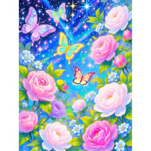 PRASIO Butterfly Diamond Art Kits for Adults Beginner, Flowers 5D Diamond Painting Kits for Adults, DIY Round Full Drill Colorful Gem Art Painting and Crafts for Gift Home Wall Decor 12x16 Inch - color: XM-DP-ButterflyFlowers02-3040