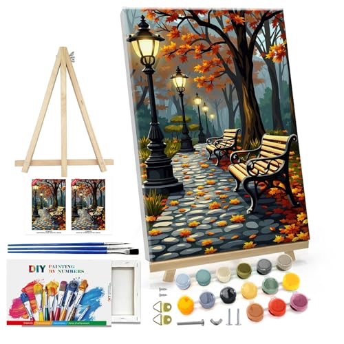 ATDMS Paint by Numbers Kit for Adults with Frame Autumn Landscape Paint by Number with Easel Forest Adult Paint by Number Kits Framed Canvas DIY Acrylic Oil Painting kits for Home Wall Decor 8x12 Inch - color: Autumn Landscape 276