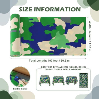 100FT x 54IN Camouflage Plastic Tablecloth Roll with Slide Cutter Box | Heavy Duty Disposable Green Camo Table Cover Wall Backdrop for Picnic, Birthday, Camouflage Party Supplies - color: Green Camo, size: 1200" x 54" (Rectangular)