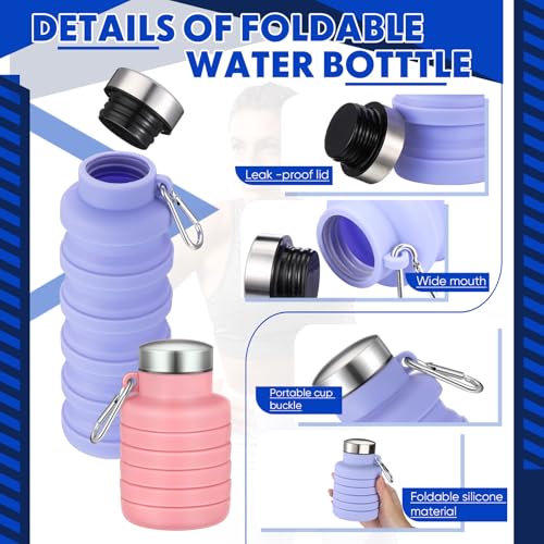 Baderke 2 Pcs Collapsible Water Bottles 17oz Silicone Travel Foldable Portable Water Bottle with Buckle Silicone Lightweight Reusable Leakproof for Camping Hiking Cycling Sport(Purple, Pink) - color: Purple, Pink