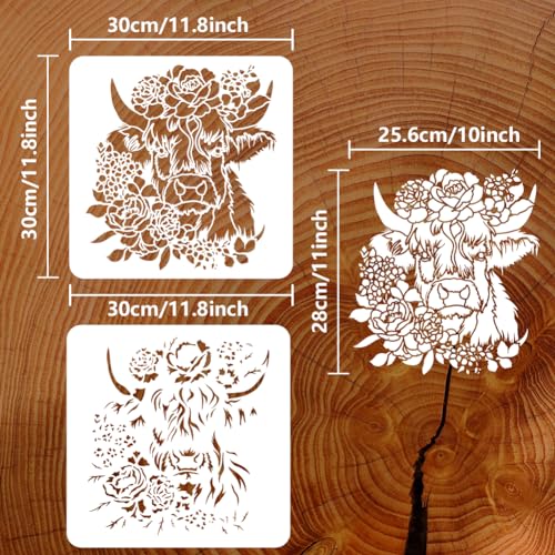 FINGERINSPIRE 2pcs Layered Floral Cow Painting Stencil 11.8x11.8 inch Reusable Peony Flower Bundle Cow Drawing Template Farm Animal Stencil for Painting on Wood Wall Fabric Paper Furniture - color: Layered Floral Cow