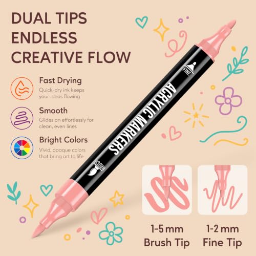 Pagather Acrylic Paint Markers, 120 Colors Dual Tip Fine & Brush Pens Set | For Rocks, Fabric, Wood, Glass & More, Perfect for DIY Crafts and Creative Art Projects with Bright, Smooth and Quick-Dry Ink - color: 120 Colors