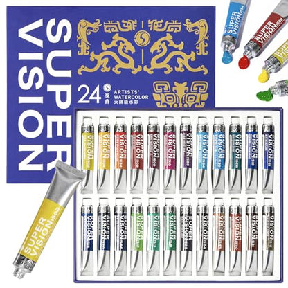 SUPER VISION Watercolor Paint Set Master Artist Grade, 24 Colors x 8ml Watercolor Paint Tubes, Professional Watercolors Made from Mineral Pigments and Gum Arabic