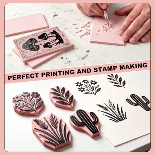 Rubber Linoleum Blocks for Printmaking, 6pcs Linocut Blocks with 8 Stencils and 10 Transfer Papers, Linocut Kit for Printing and Stamp Making DIY Art Craft