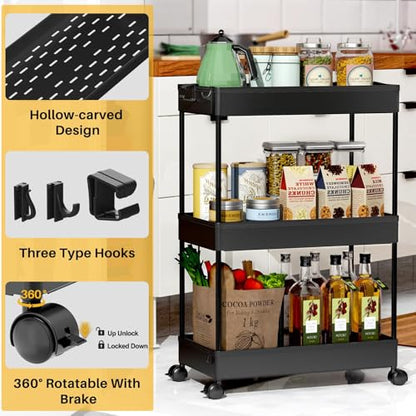 SPACELEAD 3 Tier Rolling Cart with Wheels, Storage Craft Art Trolley Organizer Serving, 3 Hanging Baskets Easy Assembly, for Office, Bathroom，Living Room, Kitchen, Black - color: Black