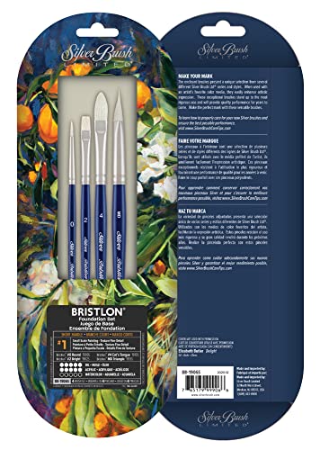 Silver Brush Limited BR-1906S 4pc Short Handle Bristlon Brush Fine Detail Set for Acrylic and Oil Paintings | Round, Bright, Cats Tongue, Medium Triangle, Short Handle, Stiff Fine Point Synthetic Bristle, Lightly Textured Strokes - color: Foundation Set,