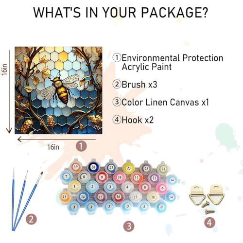 xackcme Paint by Numbers for Adults Bee - Bee Paint by Number on Canvas | DIY Oil Painting for Gift Home Wall Decor, Without Frame (16x16 inch) - color: MT12324