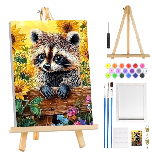 MOGTAA Paint by Numbers Kit for Adults Beginners with Frame, Raccoon Adult Paint by Number Kits on Canvas with Easel, Easy DIY Animal Oil Painting Kits for Home Decor, 8x12in - color: Raccoon
