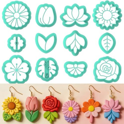 ORIGACH 12 Pcs Flower Clay Cutters Set | Rose Sunflower Daisy Tulip Cherry Lotus Turtle Leaf Polymer Clay Cutters Set for Earring & Jewelry Making - style: Flower