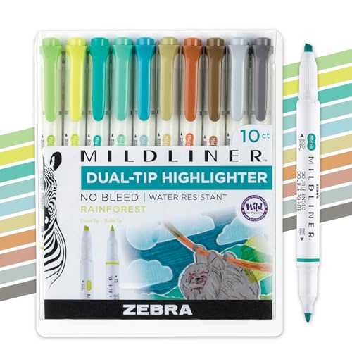 Zebra Pen MILDLINER No Bleed Highlighter, Rainforest, Dual Tip, 10-Pack | Broad and Fine Point Tip Marker Set, Ideal for Bible Highlighting, Journaling, School, Teacher and Office Supplies (78401) - color: Cool and Refined B