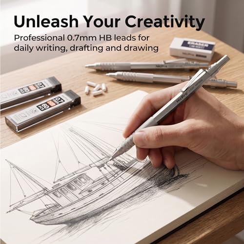 Nicpro 0.7mm Metal Mechanical Pencil Set with Case | 3PCS MP1000 0.7 Lead Pencil With 8 Tube HB Refills, 3 Erasers & 9 Refill For Artist Drafting Drawing Engineering Sketching - color: Silver, style: 0.7 MM