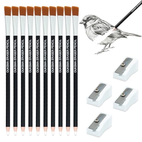 Eraser Pencil Set with Brush and Sharpener, Precision Detail Erasers for Sketching, Drawing, Highlights, Texture Shaping, Art Supplies (10 Eraser Pencils + 4 Sharpeners) - style: 10 Eraser Pencils + 4 Sharpeners