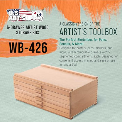 U.S. Art Supply 6-Drawer Artist Tool Supply Box with 5 Compartments per Drawer - Hardwood Art Box for Artist Supplies, Brushes, Pencils, Erasers, Tool Storage Organizer Case