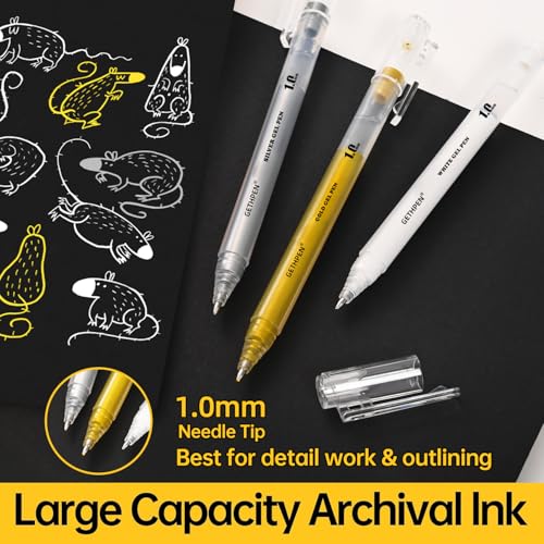 GETHPEN White Gel Pens, 1.0mm Fine Opaque White Ink Pens, 3 Pack | Opaque White Gel Ink Pens for Black Paper Drawing, Bullet Journaling, Artists Drawing, Sketching, Card Making - size: 1 Count (Pack of 3), style: 3 Pack White