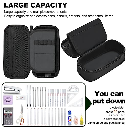 YOKUMA Foldable Pencil Case Pouch Bag for Boys Teens Big Capacity Box,Black | Expandable,Cute,Durable Zipper,Lightweight,Aesthetic,Back to School Supplies Gift for Kids Students College Adults Preppy - color: Black