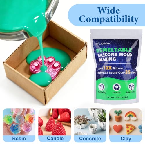 JDiction Reusable Silicone Mold Making Kit, 16oz Remeltable Silicone for Mold Making, No Mix, Non-Toxic, Odorless Silicone Rubber for Resin, Epoxy, Picky Pad, Clay, Soap, Candle, Small Crafts