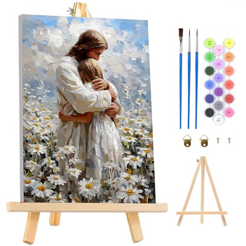 MAXBYE Framed Paint by Numbers Kit for Adults, Canvas Painting by Number Jesus Hugging Women Christian with Wooden Easel, DIY Acrylic Craft Art Kits for Beginners Gift Home Wall Decor10×14 in - color: ZL062