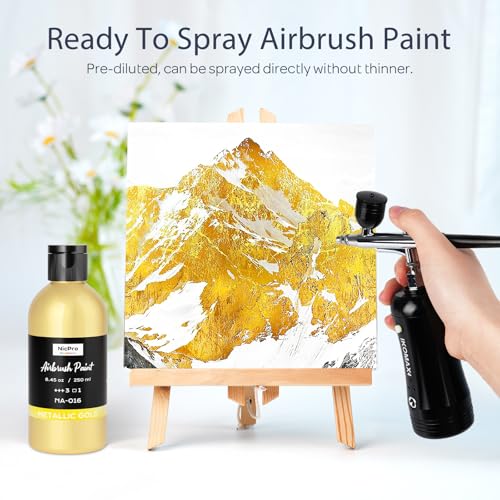 Nicpro Metallic Gold Large Airbrush Paint (8.45oz) Ready to Spray Opaque | Water-Based Acrylic Air Brush Paints for Model, Wood, Canvas, Metal, Plastic, Leather, for Beginners & Artists - color: Metallic Gold