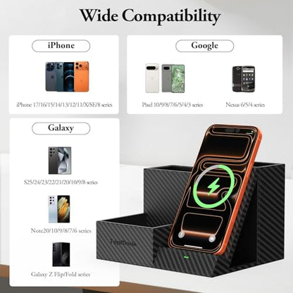 TopMade Wireless Charger Nightstand Organizer, Multi-Functional Pen/Pencil/Remote Holder for Desk, Leather Desktop Organizers, Home Office Supplies Fast Phone Charging Stand, Black Carbon Fiber - color: Black Carbon Fiber