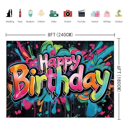 INRUI Colorful Graffiti Happy Birthday Photography Backdrop 8x6FT | Vibrant Drip Graffiti Birthday Art, Lightweight Vinyl, Retro/Hip-hop/Birthday Party Photo Backdrop, Easy Hang & Wipe Clean - size: 8x6FT