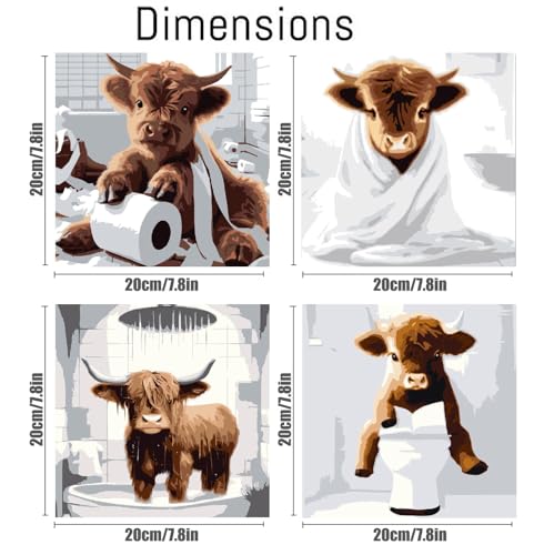 Canrichshop 4 Framed Highland Cow DIY Paint by Numbers Kit for Adults Beginner,Naughty Cow Easy Paint by Number on Canvas with Frame,Acrylic Painting Kit Adult for Decor 8x8inch - color: BKH394+BKH395+BKH396+BKH397