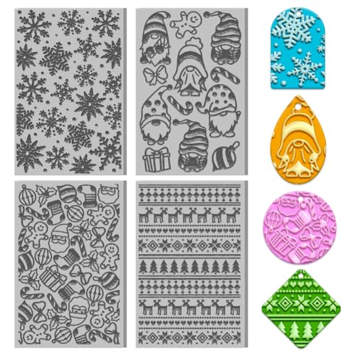 4PCS Christmas Polymer Clay Texture Sheets Set for Using with Clay Cutters, Snowflake Clay Texture Mats, Jewelry Making DIY Christmas Craft Tools - style: Christmas Theme-4pcs