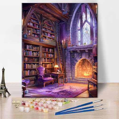 TUMOVO Magic House Paint by Numbers Kit for Adults, Fantasy Purple DIY Acrylic Paint by Number Kits on Canvas, Bookshelf Oil Painting for Gift Home Wall Decor 16"x20"(Frameless) - color: Magic House