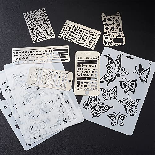 KISSITTY 10Pcs/Set Plastic & Stainless Steel Drawing Stencil Kits Reusable Painting Stencil Bookmark Metal Journal Templates Craft Stencils for DIY Scrapbook Album Wedding Card Journal Painting