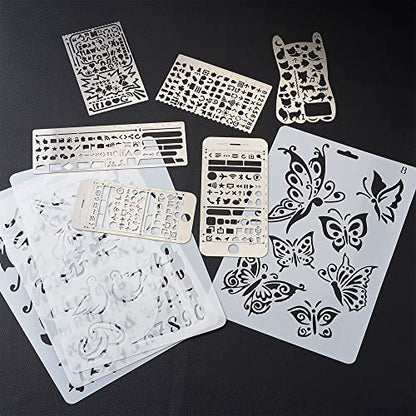 KISSITTY 10Pcs/Set Plastic & Stainless Steel Drawing Stencil Kits Reusable Painting Stencil Bookmark Metal Journal Templates Craft Stencils for DIY Scrapbook Album Wedding Card Journal Painting