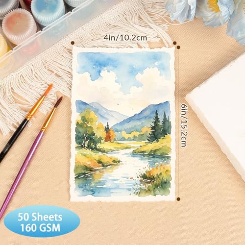 50 Sheets Deckled Edge Handmade Paper, 4” x 6” Rough Textured Watercolor Paper, 160 GSM, White, Cotton, Ideal for Wedding Birthday Invitations Greeting Cards DIY Crafts - color: 50 Sheets