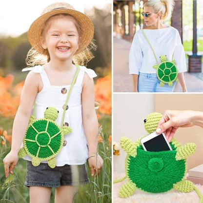 Mewaii Turtle Crossbody Bag Crochet Kit for Beginners, 40% Extra Yarn - color: Dark Green
