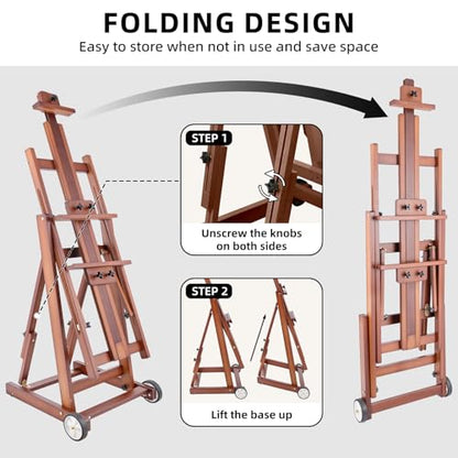 Studio H-Frame Easel with Tilting & Flat Position, Walnut | Sturdy Adjustable Beech Wood Painting Easel for Painting, Holds Canvas Art up to 77" - style: Walnut