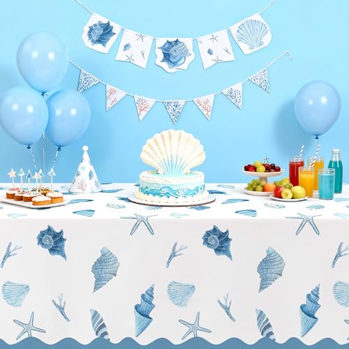 Seashell Party Tablecloth Decorations, Summer Birthday Turned Pretty | 3Pcs Disposable Ocean Sea Shell Table Cover Supplies for Birthday Starfish Blue Coasta Bachelorette Wedding 55in x 86in