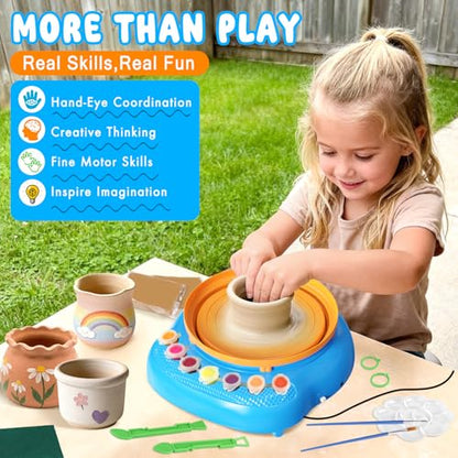 Weilim Pottery Wheel for Kids Beginners, Air-Dry Clay & Paint Kit Ages 6-12 | 3 Clay Packs, 14 Paint Colors, Sculpting Tools, Brushes, Palette,Apron; Gentle Beginner Spin, USB Rechargeable, No Oven - color: Blue