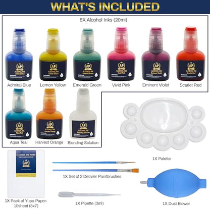 Alcohol Ink Set - 15 pcs of 20ml Vibrant Concentrated Colors Alcohol-Based Ink for Epoxy Resin Art Petri Dish Tumbler Making incl. Acrylic Ink Paper for Alcohol Inks Blending Solution & Paint Brushes