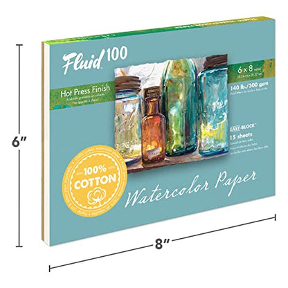 Fluid 100 Watercolor Paper Block, 6 x 8 inches, 15 Sheets, 140 lb (300 GSM) 100% Cotton Hot Press Pad for Artist Painting and Wet Media - size: 6 x 8