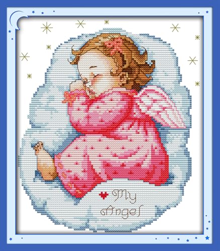 JOYSEWING Angel Girl Printed Cross Stitch for Adults Beginners Stamped Kits Counted Embroidery for Beginner Easy DIY Craft kit 11CT Cross Stitch Patterns-Asleep Angel (Girl) (Printed) 11×13.8 inch - color: Asleep angel bab(girl)