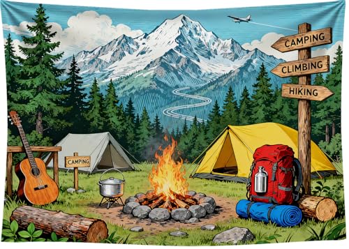 8x6FT Camping Backdrop Pine Tree Camping Equipment Bonfire Directional Sign Background for Outdoor Adventure Travel Holiday Themed Party Decoration Photo Shoot Props Vinyl - size: 8x6FT