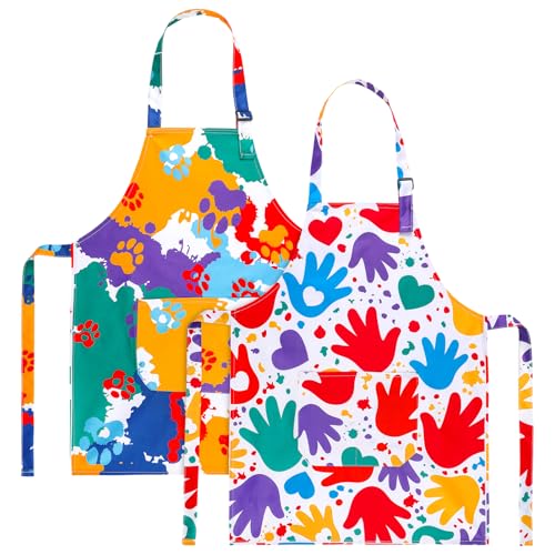 2 Pack Kids Apron, Cute Cooking Aprons, Waterproof Art Apron with Pockets, Toddler Painting Artist Apron Adjustable - color: Colorful Paw Prints, size: 45*62cm