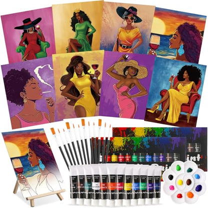 Cholemy 36 Pcs Paint and Sip Kit Gift for Adults 8''x10'',Wine Lady | Pre Drawn Canvas, Painting DIY Afro Acrylic Painting Kit, Wood Easel Brushes, Date Night Bulk, Summer Halloween Party - style: Wine Lady