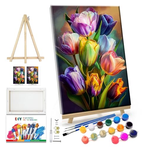 JOOZ Paint by Numbers Kit for Adults Flowers Paint by Number with Frame Floral Paint by Number with Easel Tulip Digital Oil Painting Kits for Gift Home Wall Decor 7.87x11.81 Inch - color: Flowers