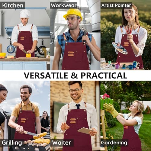 Chef Canvas Aprons with 3 Large Pockets Adjustable Strap for Men Women - color: Red