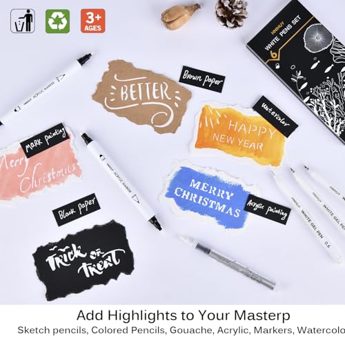 HNIHUY White Ink Pens, White Gel Pens, Brush Tip Acrylic Markers | Dual-Tip Opaque White Paint Pens for Black Paper Drawing, Sketching, Illustration, Card Making, 6 Pack